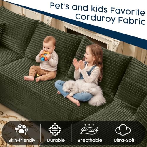 Green 134 Inch U-Shaped Modular Sectional Sofa, Corduroy Cloud Couch with Dua...