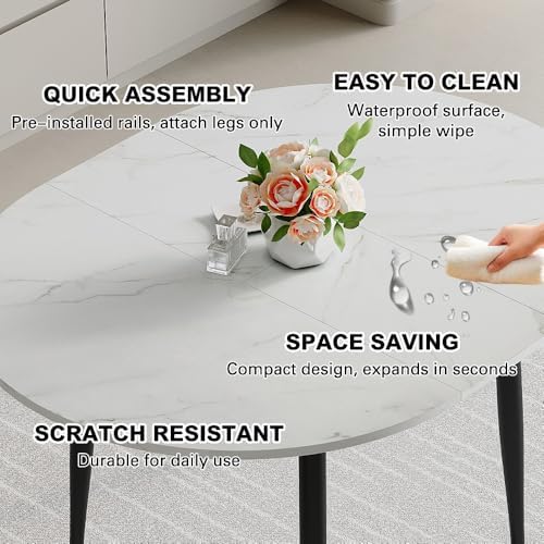 42"-54" Round to Oval Extendable Dining Room Table, White Faux Marb...