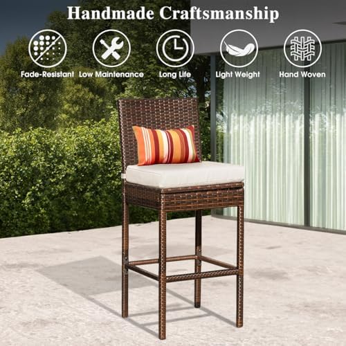 Sundale Outdoor Wicker Bar Stool Set of 2, 29 Inch Seat Height Patio Stool