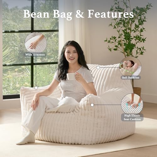 Giant Plush Bean Bag Chair for Adults with Armrests - Oversized Comfy Beige B...