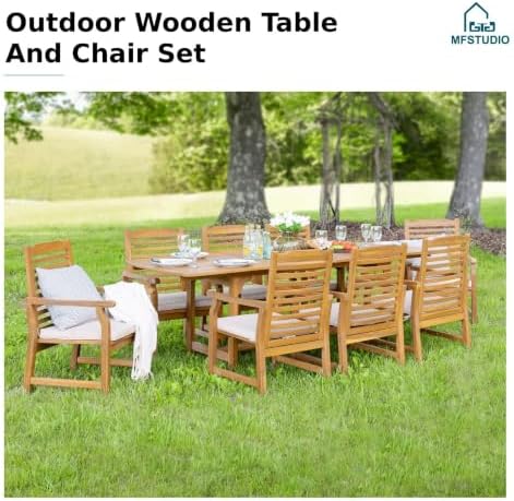 MFSTUDIO 9pc Outdoor Dining Set, Expandable Wood Table w/Umbrella Hole