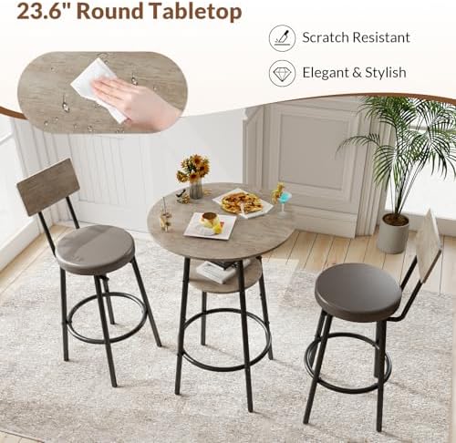 Zevemomo 3 Pieces Bar Table and Chairs Set Pub Table and Chairs for 2-Grey