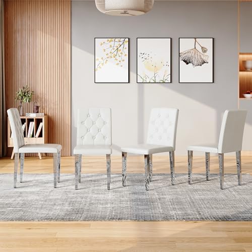 White Dining Chairs Set of 4, Faux Leather, Silver Metal Legs | Button-Tufted...