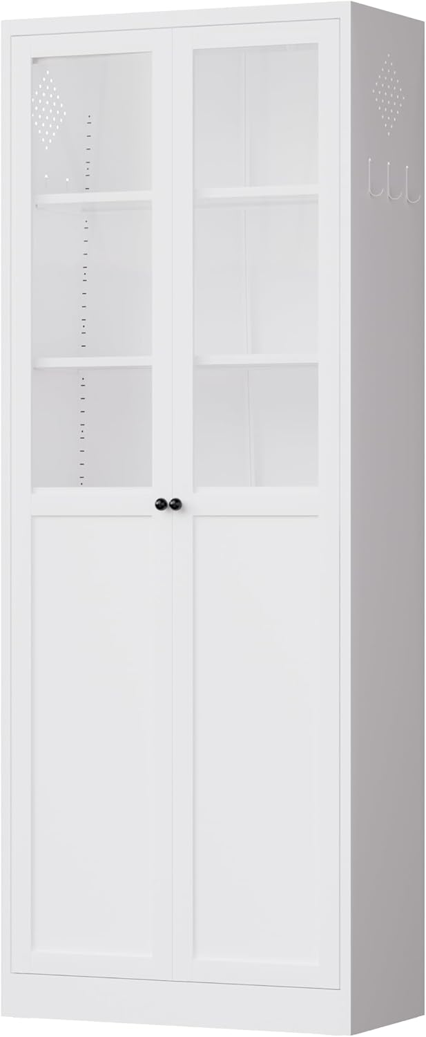 72" White Storage Cabinet Metal Kitchen Pantry Cabinet with Glass Doors ...