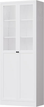 72" White Storage Cabinet Metal Kitchen Pantry Cabinet with Glass Doors & Adjustable Shelves,Freestanding Storage Organizer Utility Cupboard for Pantry, Kitchen, Bathroom