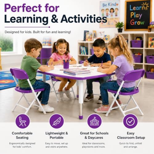 Timmy Kids Plastic Folding Chair, White Kids Chair with Steel Frame, Portable Foldable Child Chair for Classroom, Daycare, Parties & Events, 220 lb Capacity (2, Purple)
