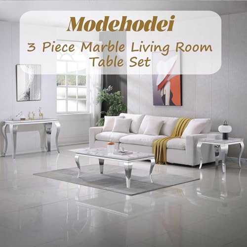 3 Piece Marble Living Room Table Set with 1 Coffee Table, 1 Console Sofa Tabl...
