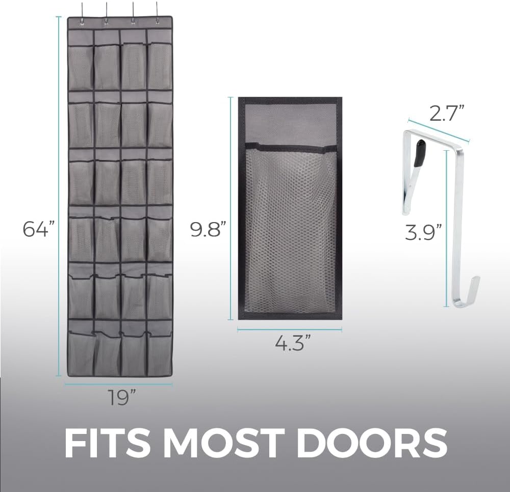 Over the Door Hanging Shoe Organizer, 24 Breathable Mesh Pockets, Closet Rack Storage Holder, Stay in Place Hooks Hang on Closets, Hanger Holds Up to 40 lbs for Shoes, Accessories, Gray