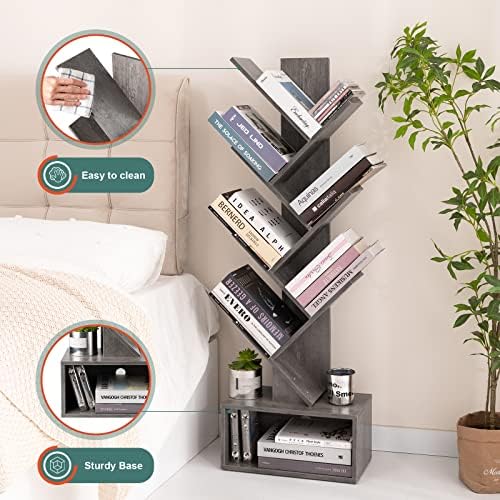 Yoobure Tree Bookshelf - 6 Shelf Retro Floor Standing Bookcase, Tall Wood Boo...