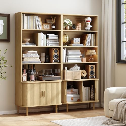 ONBRILL 71" Bookshelf with Sliding Door, Bookcase Storage Cabinet, Oak