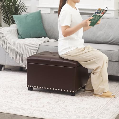 Joveco Leather Storage Ottoman with 360° Caster Wheels 24" Foot Rest Ben...