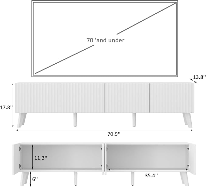 70.9” TV Stand for TVs up to 70,TV Console with Two Storage Compartments, Modern Entertainment Center with 6 Supporting Legs and Grooved Drawer Fronts, TV Stand for Living Room, Bedroom, White