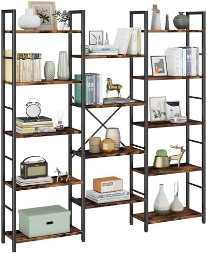 Shintenchi Triple 5 Tier Bookshelf, Laege Wide Bookcase, Display Shelf