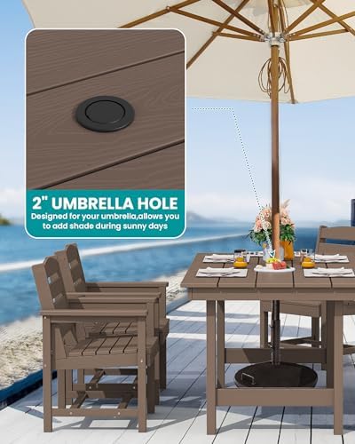 SERWALL 7 Pcs Outdoor Dining Set, 67" HDPE Dining Set for 6, Coffee