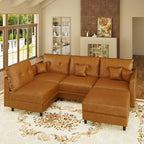 LLappuil 5-Seater L-Shaped Sectional Modular Sofa with Storage, Deep Seat Faux Leather Couches for Living Room, Waterproof & Scratch Resistant, Cognac Tan
