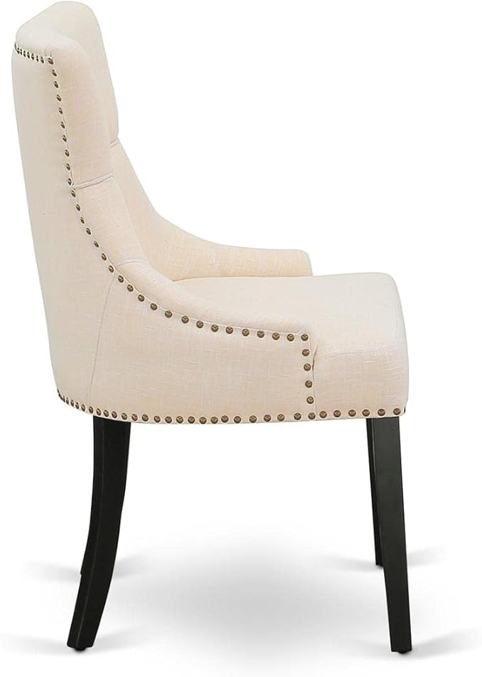 East West Furniture FRP1T02 Friona Parson Dining Room Chairs - Button Tufted Nailhead Trim Light Beige Linen Fabric Padded Chairs, Set of 2, Black