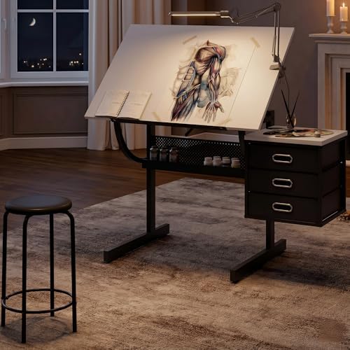 White Adjustable Drafting Table with Stool & 3 Drawers, Tilting Art Desk ...