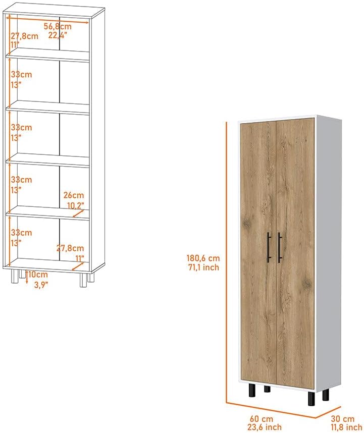 Oklahoma Tall Pantry Cabinet, 5-Shelf Storage Organizer, Wood Cupboard with D...