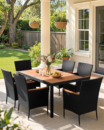 Flamaker Patio Dining Set for 6 Outdoor Acacia Wood Table and Chairs, Black