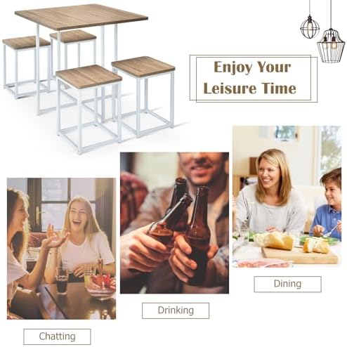 GIANTEX Dining Table Set for 4, Metal Frame, Space-Saving (Natural & White)