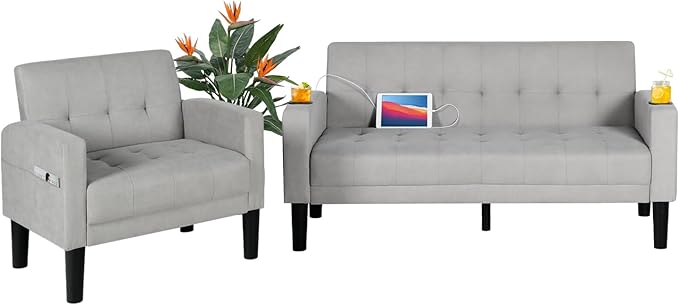 AILEEKISS 2 Piece Living Room Sofa Set Loveseat Sofas Sets with 2 USB, Cup Holders, Side Pocket, Modern Fabric 2 Pcs Sectional Couches Set for Apartment, Office, Bedroom (2-Seat+1-Seat, Light Grey)