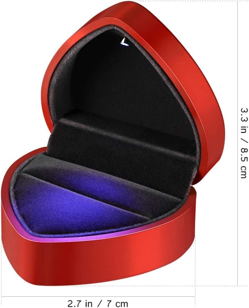 Heart Ring Box with LED Light, Luxury LED Lighted Engagement Ring Box, Velvet Earrings Jewelry Case with Light, Jewelry Display Box for Wedding, Engagement, Proposal, Birthday and Anniversary-Red