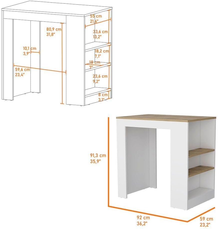FM FURNITURE White Kitchen Island Counter Height Table Top with 3-Side Shelf,...