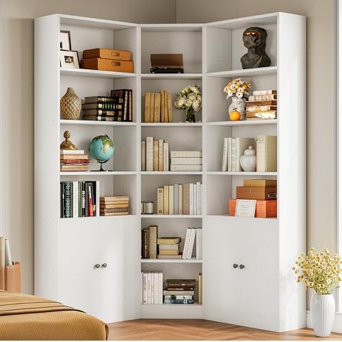 IRONCK Corner Bookshelf, 71" Tall Bookcase with 2 Storage Cabinets, White