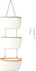 TeoKJ 3-Tier Wall hanging Storage Bags, Over the Door Organizer, Decorative Cotton Rope Hanging Baskets, White & Dark Brown