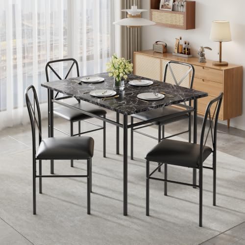 VECELO 5-Piece Dining Table Set for 4 with Upholstered Chairs, Pure Black | F...