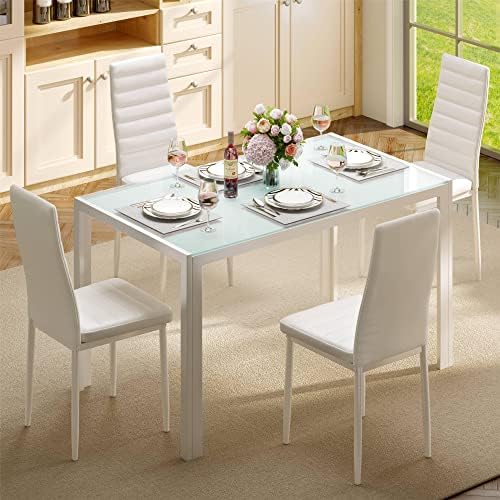 Gizoon White 5 Piece Glass Dining Table Set, Kitchen Table and Chairs for 4
