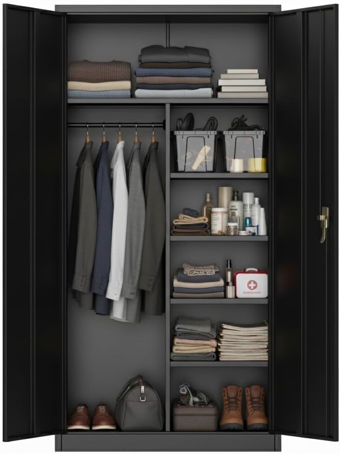 Steel Wardrobe Cabinet with Locking Doors | Adjustable Shelves & Hanging Rod, Large Metal Storage Closet, For Clothes, Tools, Garage, Home, Gym, Government