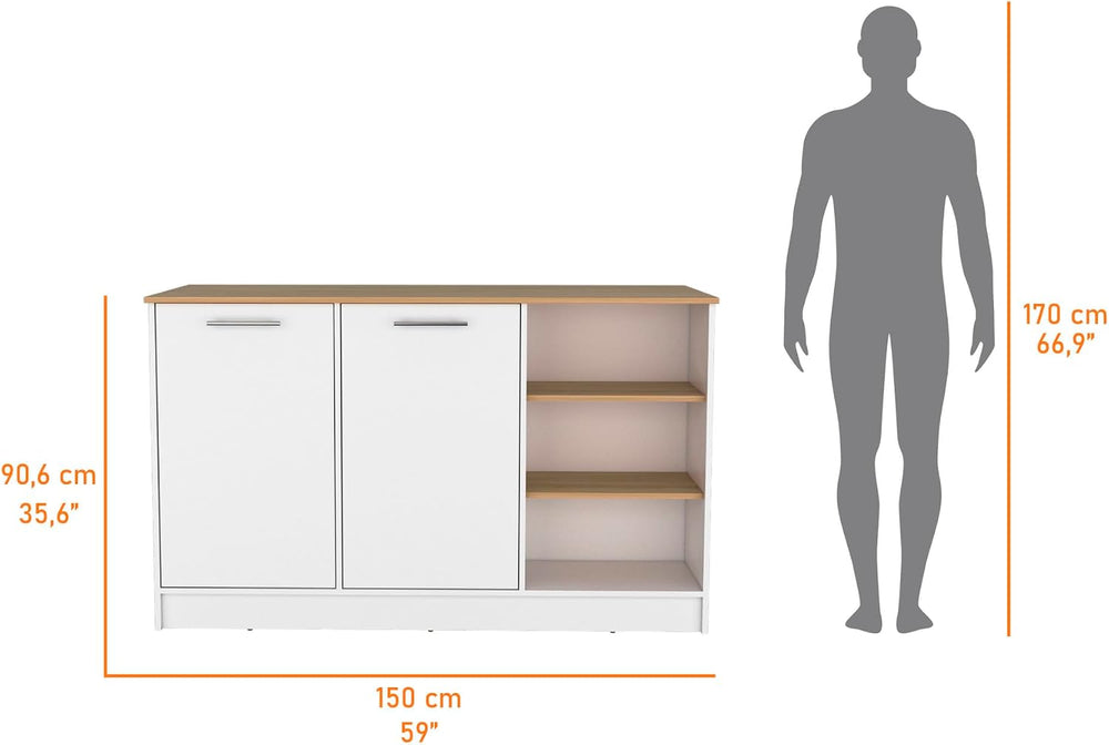 Melamine Kitchen Island with Two Doors and Three Open Shelves | Two doors wit...