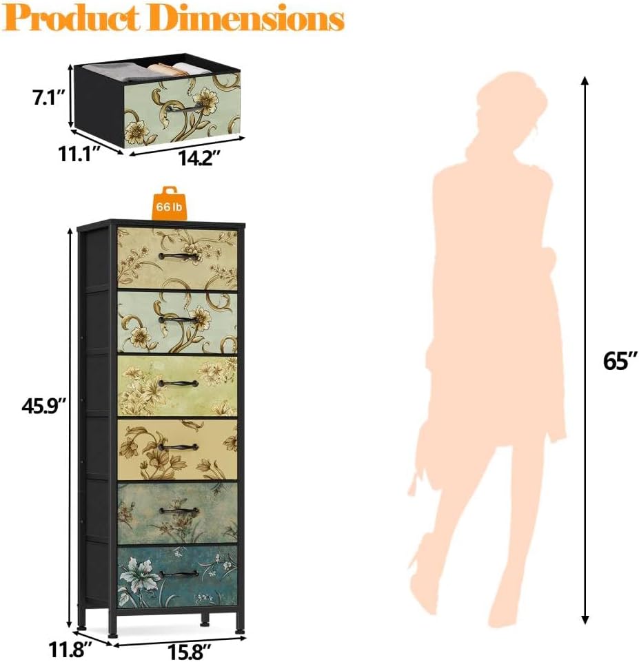 Furnulem Tall 6 Drawers Dresser for Bedroom, Vintage Storage Organizer Unit | Tall Nightstand with Fabric Drawers, Retro Floral Pattern, Skinny Dresser for Closet, Dorm, Entryway, Metal Frame, Wood Top