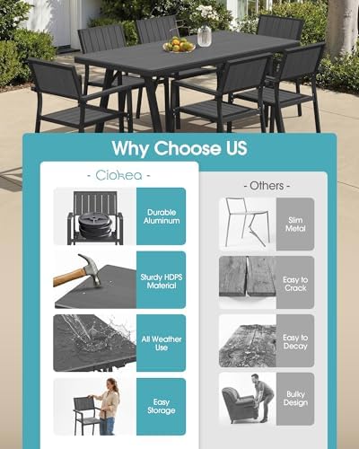 Aluminum Outdoor Dining Set of 6, Patio Table and Stackable Chairs, Grey
