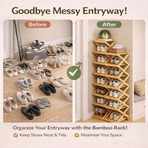The 9-Tier No-Assembly Bamboo Rack, 2026 Upgraded Foldable Shoe Organizer , Tall Narrow Corner Shoe Shelf / Storage Stand for Entryway Closet Dorm, 2-9 Tiers, Natural or Tea Color (Nature,9Layer)