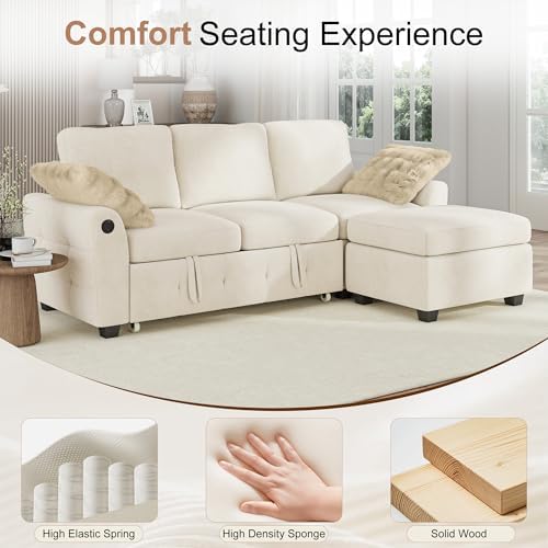 Hanherry 81" Sectional Couch with Pull Out Sofa Bed,Chenille Sleeper Sof...