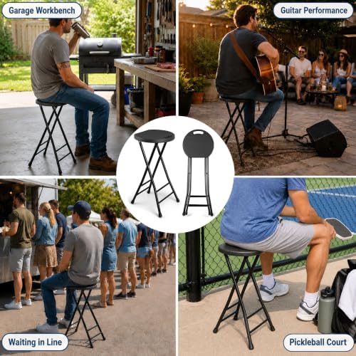Folding Stool, Black 24 Inch Foldable Bar Stool with Handle