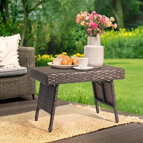 VINGLI Outdoor Folding Rattan Side Table, Portable Wicker End Table for Patio...