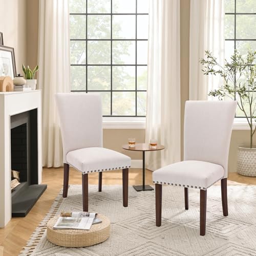 Set of 4 Beige Upholstered Dining Chairs, Farmhouse Kitchen Chairs with High ...