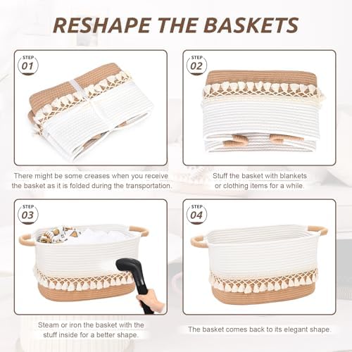 2 Pack Storage Basket for Shelves, Boho Cotton Rope Storage Bins with Heavy Tassel, Shelf Baskets Large Woven Baskets for Organizing, Cube Organizer Bins, Baby Laundry Basket for Clothes, Toys, Pets