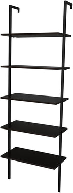 5-Tier wall Mounted Bookshelf, Ladder Shelves, Metal Frame & Wood Board, Decorative Shelving, Narrow Ladder Bookcase, Open Storage, Mordern Leaning Bookshelf for Bedroom, Living Room, Office, Black