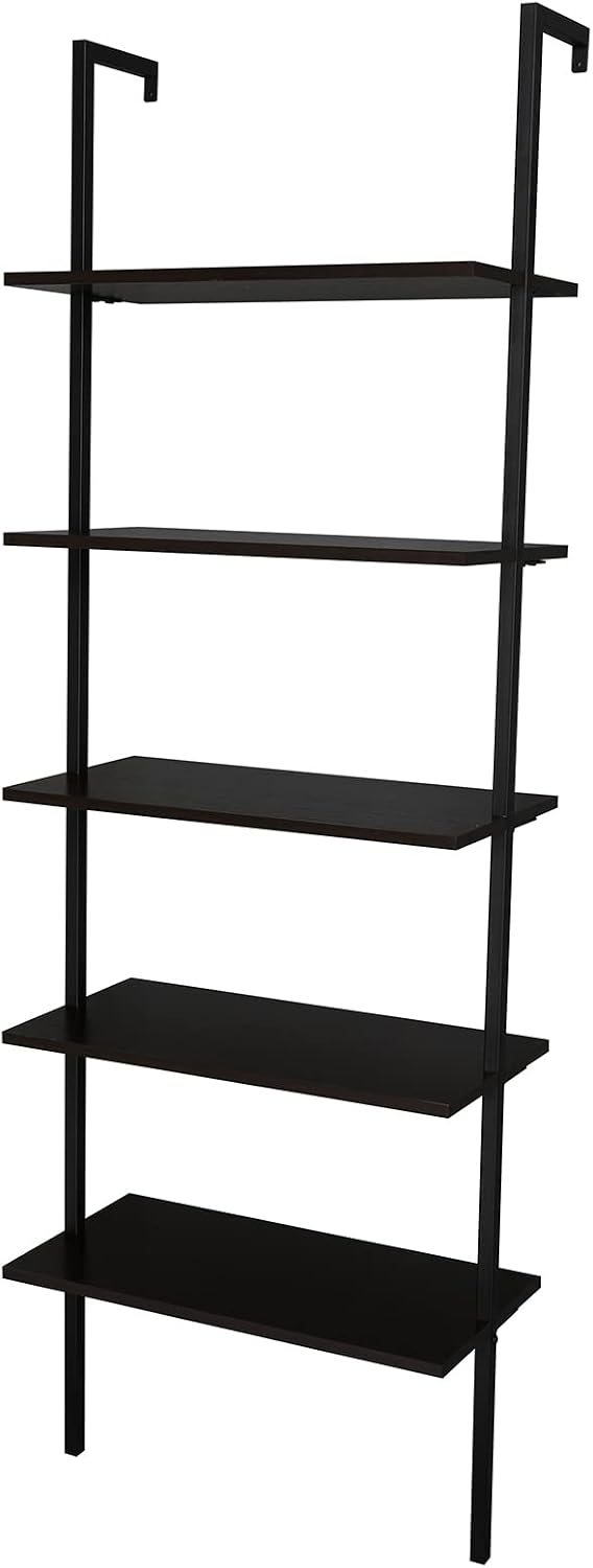 5-Tier wall Mounted Bookshelf, Ladder Shelves, Metal Frame & Wood Board, Decorative Shelving, Narrow Ladder Bookcase, Open Storage, Mordern Leaning Bookshelf for Bedroom, Living Room, Office, Black