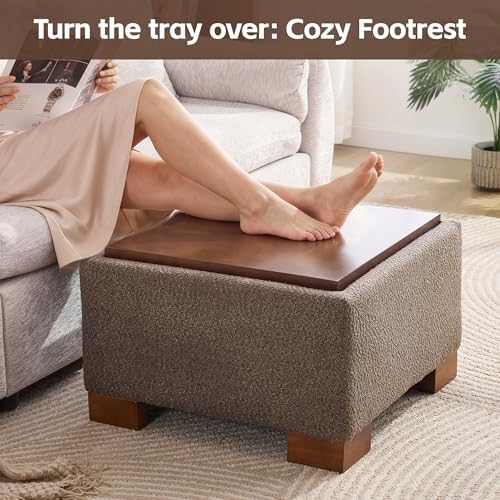 WUTUTUEE 24" Square Ottoman Coffee Table with Storage, Boucle Ottomans w...