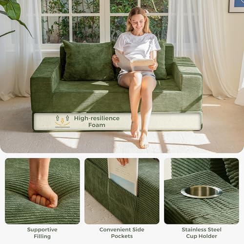 MAXYOYO Sofa Bed, 64-Inch Loveseat with 2 Cup Holders | Corded Green 4-in-1 S...
