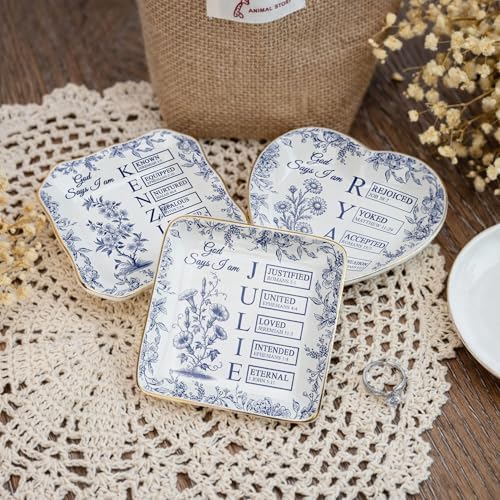 Personalized God Says I Am Toile De Jouy - Name Letter In Bible Verse Jewelry Dish - Custom Birth Flower Jewelry Dish - Christian Gift - Religious Affirmations Gifts