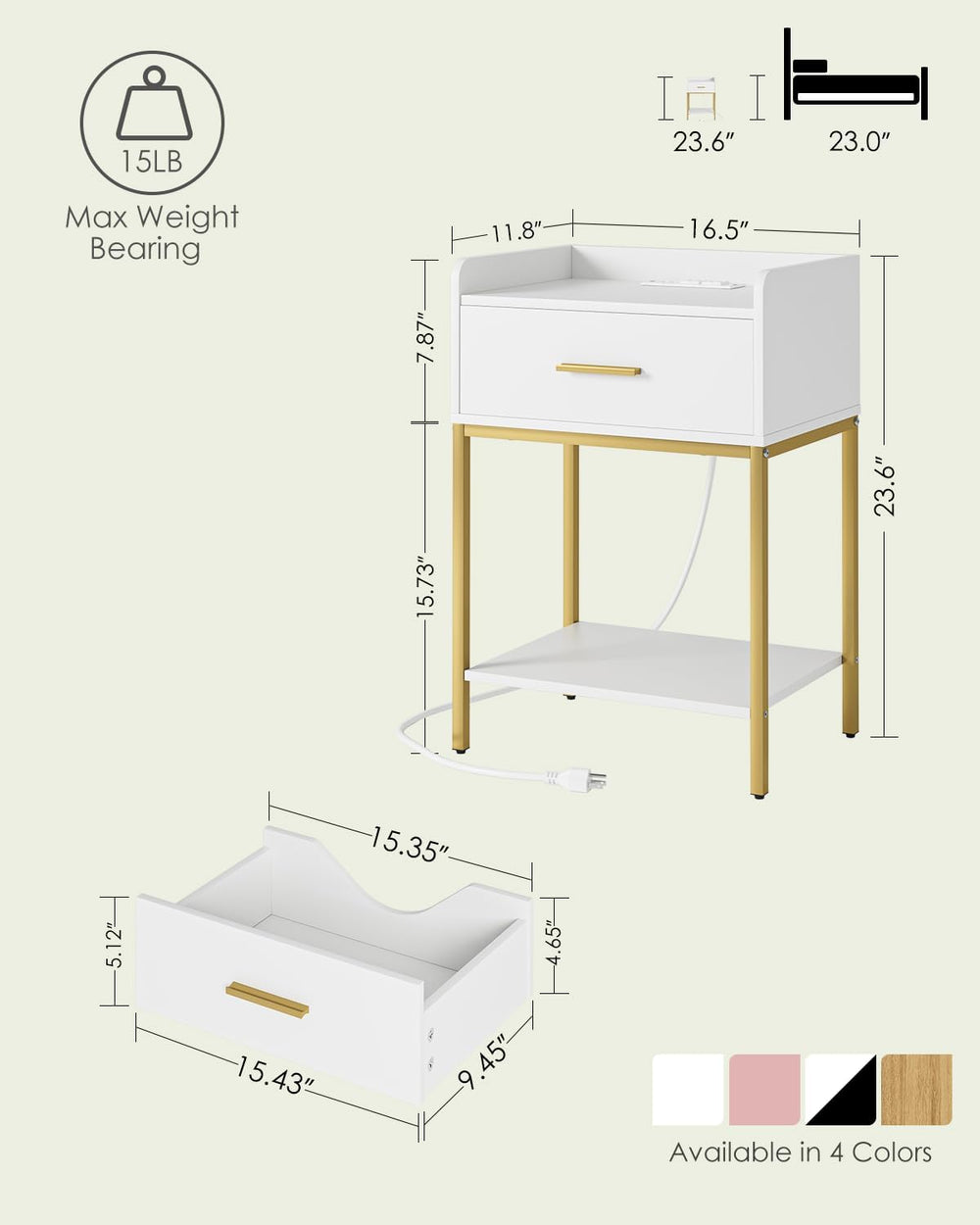 Nightstand with Charging Station, Modern Bedside Table with Drawer and Legs,W...