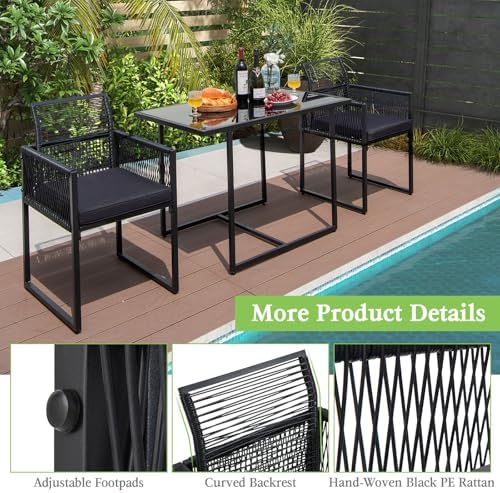 Tangkula 3 Pieces Outdoor Dining Set, PE Rattan Patio Furniture Set with Fold...