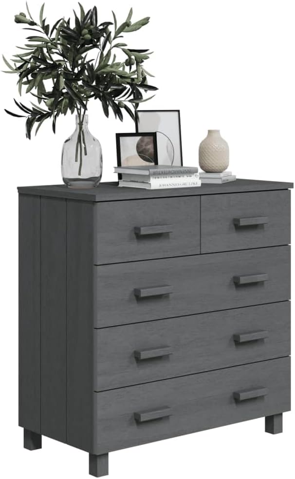 Dark Grey Solid Pine Wood Medium Sideboard with 5 Drawers, Modern Storage Cab...