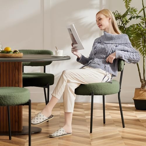DUMOS Dining Chairs Set of 2, Mid Century Modern Chair Round Upholstered Curved Backrest, Kitchen Vanity Living Room Chairs with Black Metal Legs, Green
